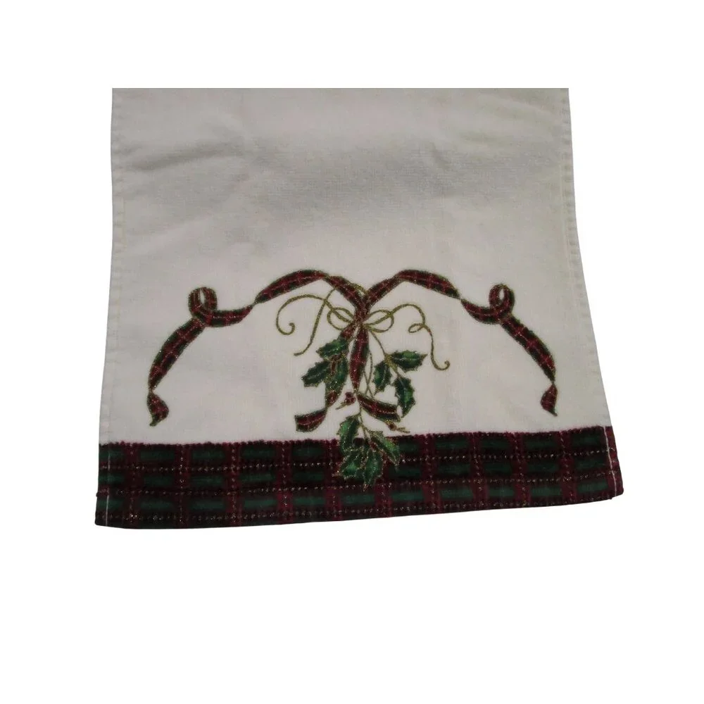Lenox Holiday Christmas Towel Set Embroidered Holly Tartan Trim EUC